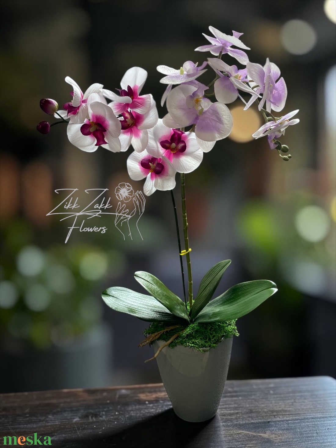 Örök pink-fehér orchidea kompozíció szürke kaspóban - otthon & életmód - dekoráció - asztal és polc dekoráció - asztaldísz - Meska.hu