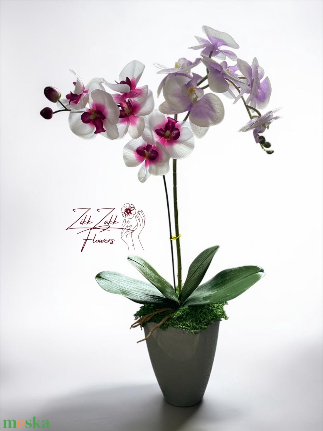 Örök pink-fehér orchidea kompozíció szürke kaspóban - otthon & életmód - dekoráció - asztal és polc dekoráció - asztaldísz - Meska.hu