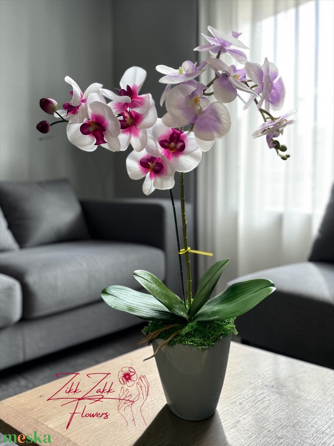 Örök pink-fehér orchidea kompozíció szürke kaspóban - otthon & életmód - dekoráció - asztal és polc dekoráció - asztaldísz - Meska.hu
