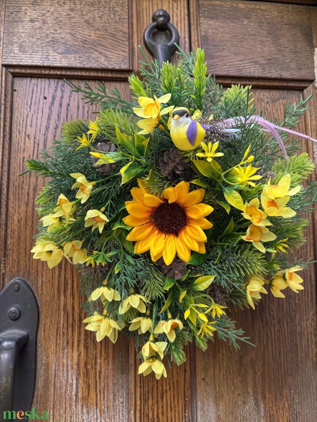 Napraforgós zöld ajtódísz madárkával - otthon & életmód - dekoráció - ajtó- és ablak dekoráció - ajtódísz & kopogtató - Meska.hu