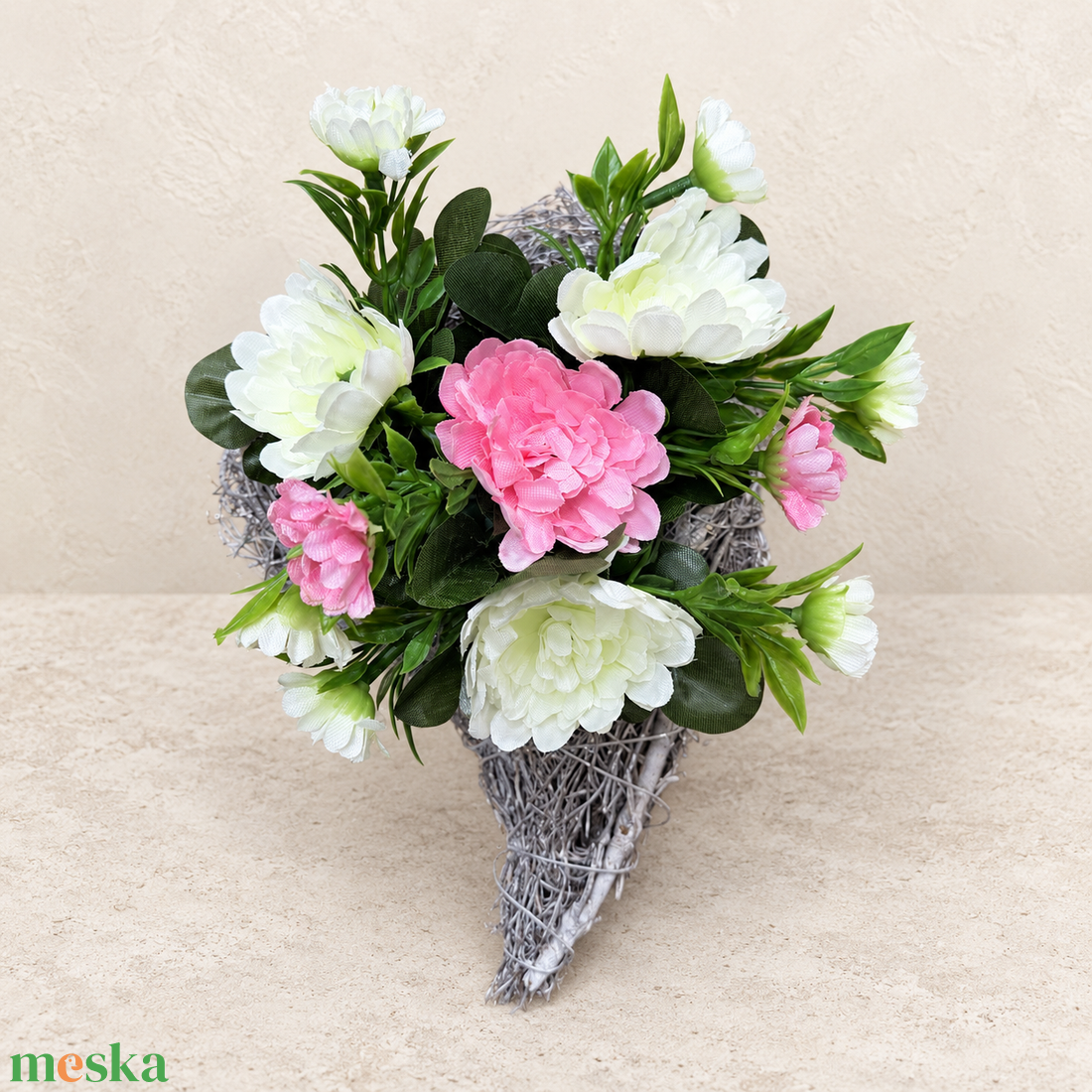 FEHÉR�RÓZSASZÍN SZÍV ALAKÚ SÍRDÍSZ � 25 � 15 CM - otthon & életmód - vallás - temetkezési tárgy - sírdísz, kegyeleti dísz - Meska.hu