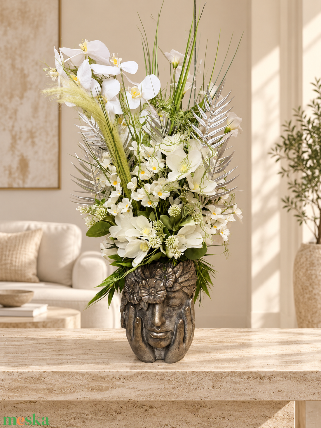FEHÉR ORCHIDEÁS ÖRÖK VIRÁGKOMPOZÍCIÓ ANTIKOLT NŐI FEJ KASPÓBAN � 80 � 35 CM - otthon & életmód - dekoráció - asztal és polc dekoráció - asztaldísz - Meska.hu