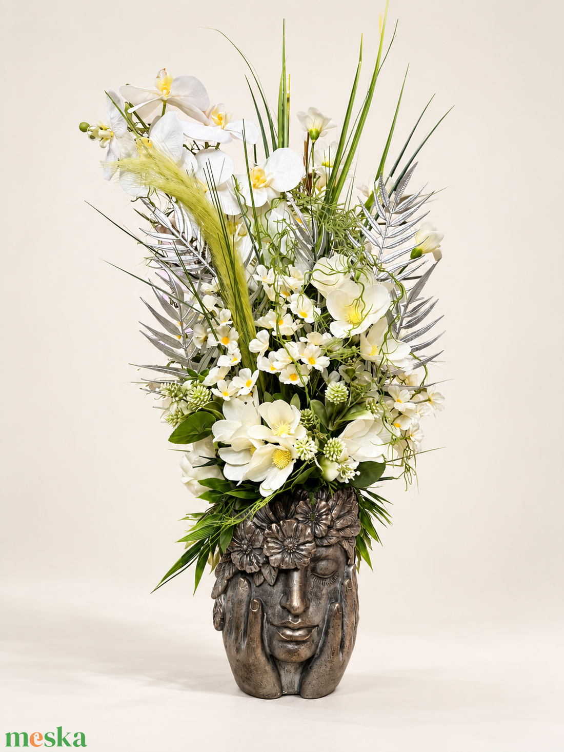 FEHÉR ORCHIDEÁS ÖRÖK VIRÁGKOMPOZÍCIÓ ANTIKOLT NŐI FEJ KASPÓBAN � 80 � 35 CM - otthon & életmód - dekoráció - asztal és polc dekoráció - asztaldísz - Meska.hu