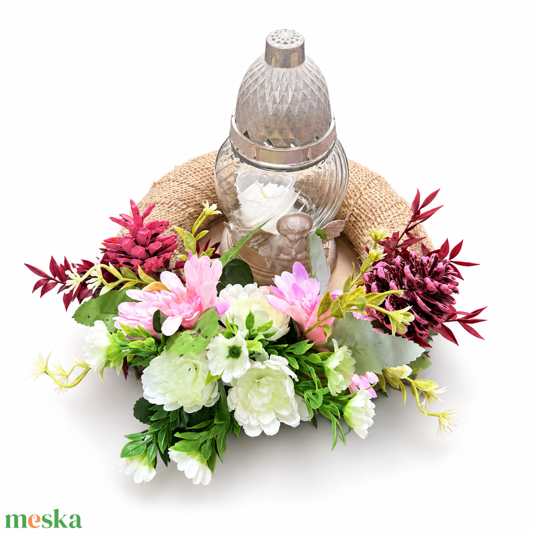 RÓZSASZÍN-FEHÉR SÍRDÍSZ MÉCSESSEL, ANGYALKÁVAL ÉS FESTETT TOBOZOKKAL � 35 CM - otthon & életmód - vallás - temetkezési tárgy - sírdísz, kegyeleti dísz - Meska.hu
