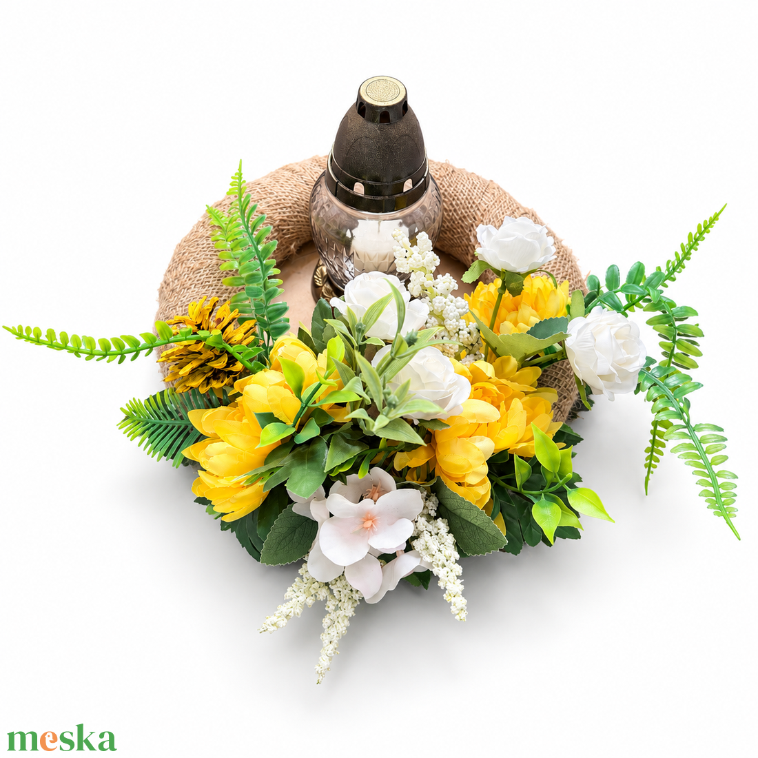 SÁRGA-FEHÉR VIRÁGOS SÍRDÍSZ MÉCSESSEL � JUTAKOSZORÚN, 35 CM - otthon & életmód - vallás - temetkezési tárgy - sírdísz, kegyeleti dísz - Meska.hu