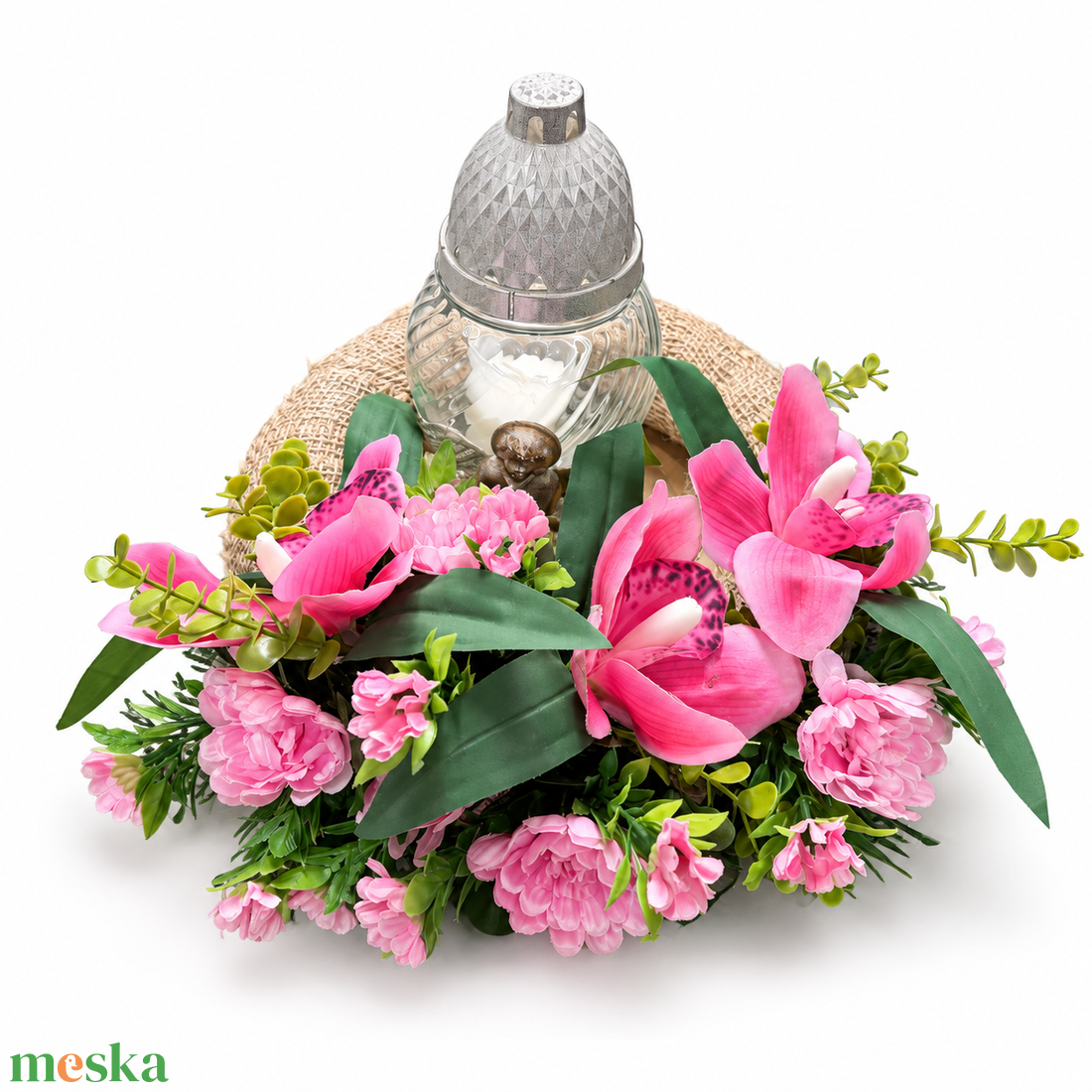 RÓZSASZÍN ORCHIDEÁS SÍRDÍSZ MÉCSESSEL ÉS ANGYALKÁVAL � 35 CM - otthon & életmód - vallás - temetkezési tárgy - sírdísz, kegyeleti dísz - Meska.hu