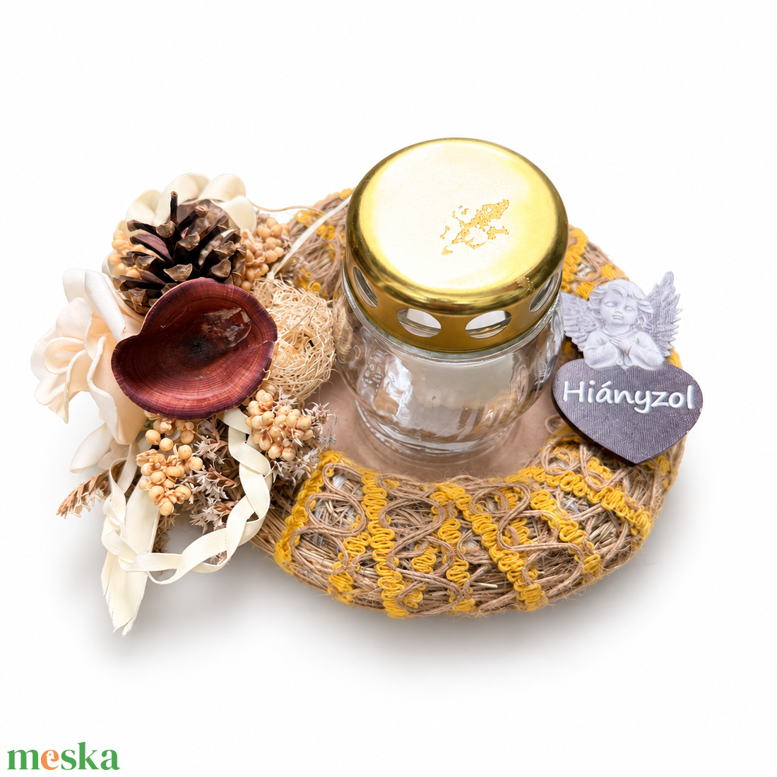 Krém�natúr juta sírdísz mécsessel � Hiányzol � 20 cm - otthon & életmód - vallás - temetkezési tárgy - sírkoszorú, kegyeleti koszorú - Meska.hu