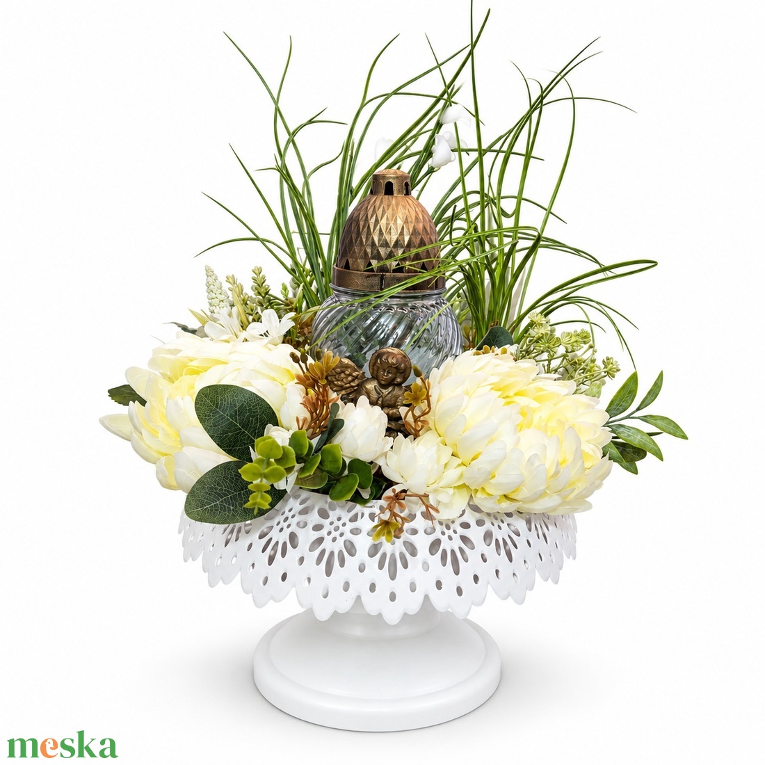 Fehér�krém angyalkás sírdísz csipkés talpas tálban, mécsessel � kb. 30 � 45 cm - otthon & életmód - vallás - temetkezési tárgy - sírdísz, kegyeleti dísz - Meska.hu