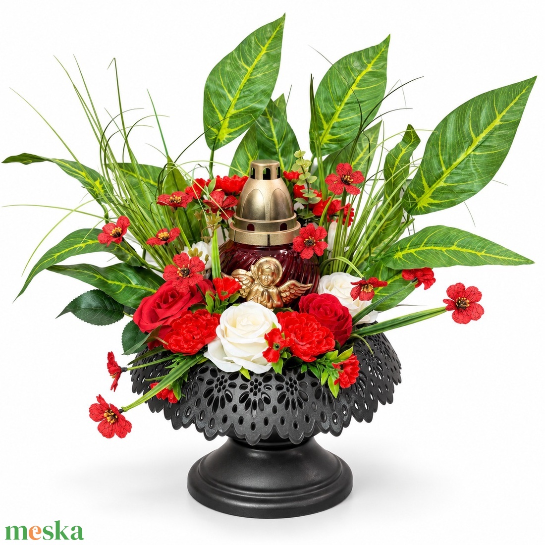 Piros�fehér rózsás sírdísz fekete csipkés talpas tálban, angyalos mécsessel � kb. 35 � 45 cm - otthon & életmód - vallás - temetkezési tárgy - sírdísz, kegyeleti dísz - Meska.hu
