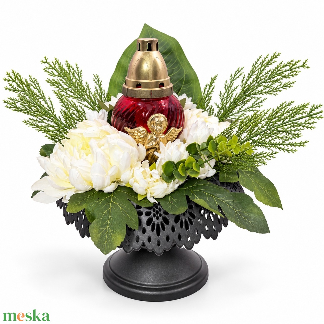 Krémfehér krizantémos sírdísz fekete csipkés talpas tálban, angyalos mécsessel � kb. 35 � 30 cm - otthon & életmód - vallás - temetkezési tárgy - sírdísz, kegyeleti dísz - Meska.hu