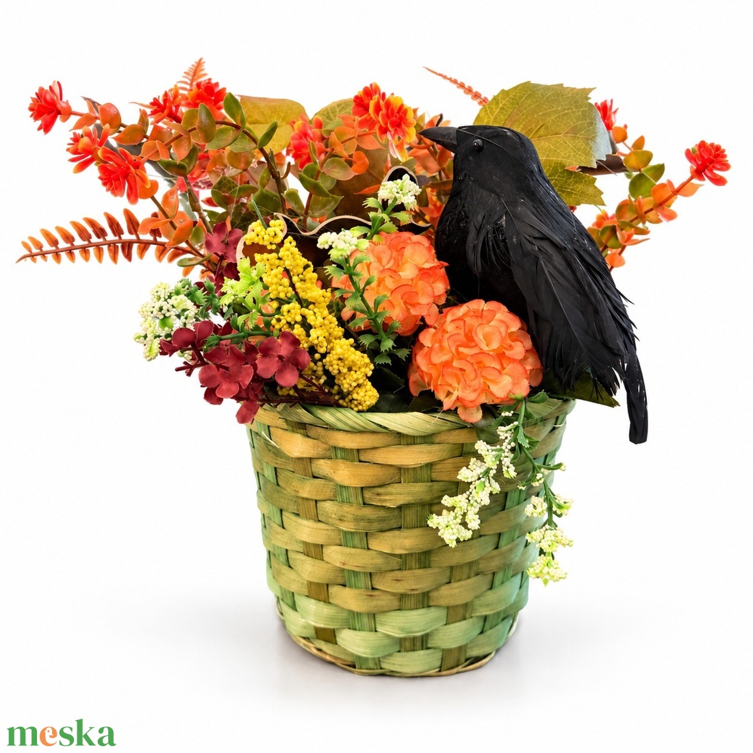 Őszi Halloween virágkosár fekete hollóval � kb. 30 � 30 cm - otthon & életmód - dekoráció - halloween - halloweeni asztaldísz - Meska.hu