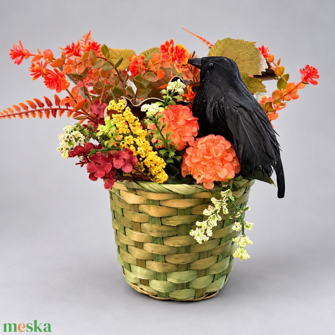 Őszi Halloween virágkosár fekete hollóval � kb. 30 � 30 cm - otthon & életmód - dekoráció - halloween - halloweeni asztaldísz - Meska.hu