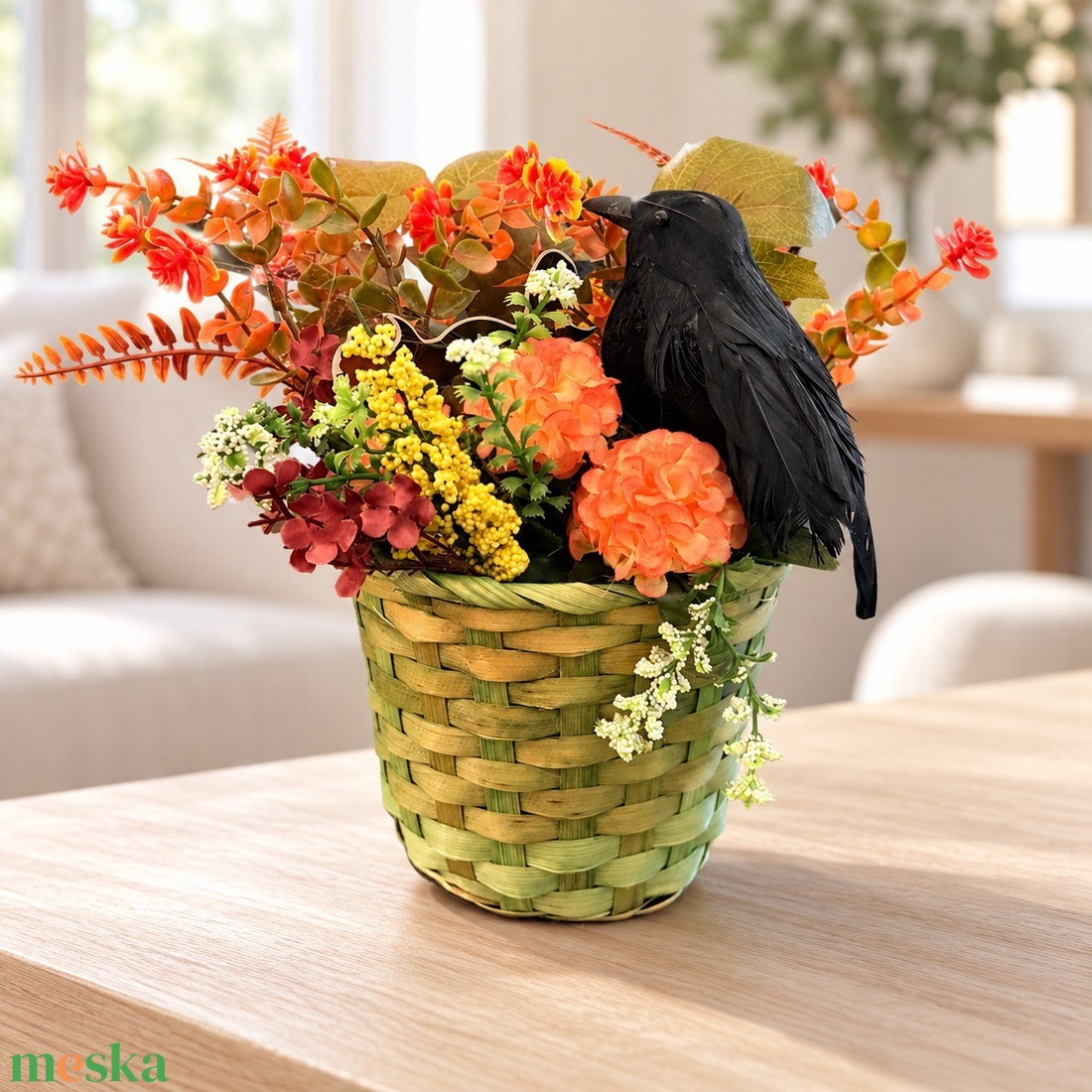 Őszi Halloween virágkosár fekete hollóval � kb. 30 � 30 cm - otthon & életmód - dekoráció - halloween - halloweeni asztaldísz - Meska.hu