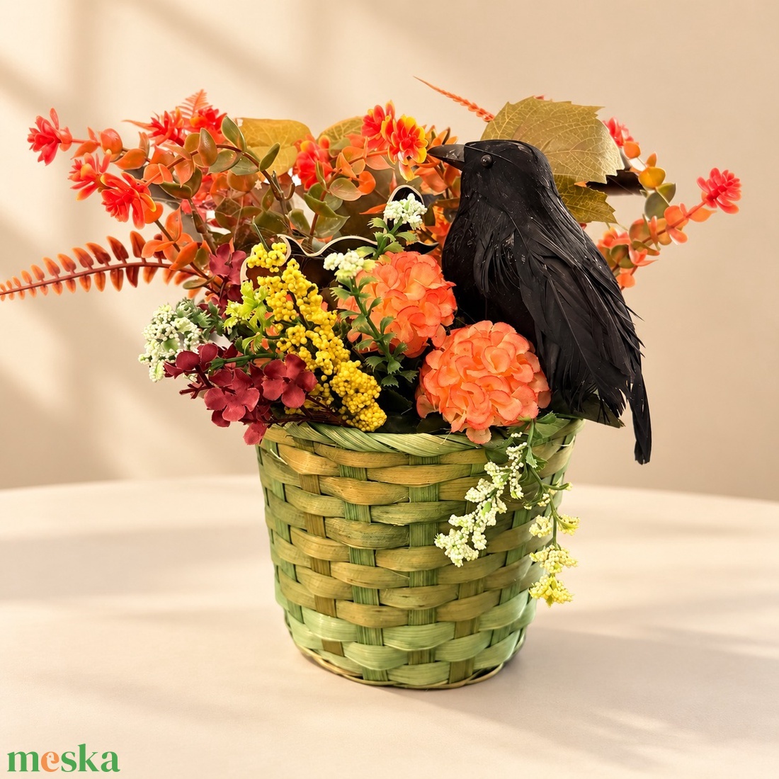 Őszi Halloween virágkosár fekete hollóval � kb. 30 � 30 cm - otthon & életmód - dekoráció - halloween - halloweeni asztaldísz - Meska.hu