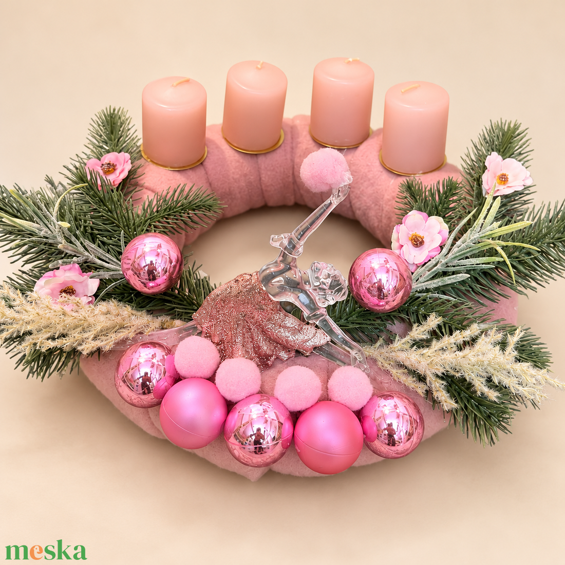 Rózsaszín balerina � adventi koszorú négy rózsaszín gyertyával - karácsony - adventi díszek - adventi koszorú - Meska.hu
