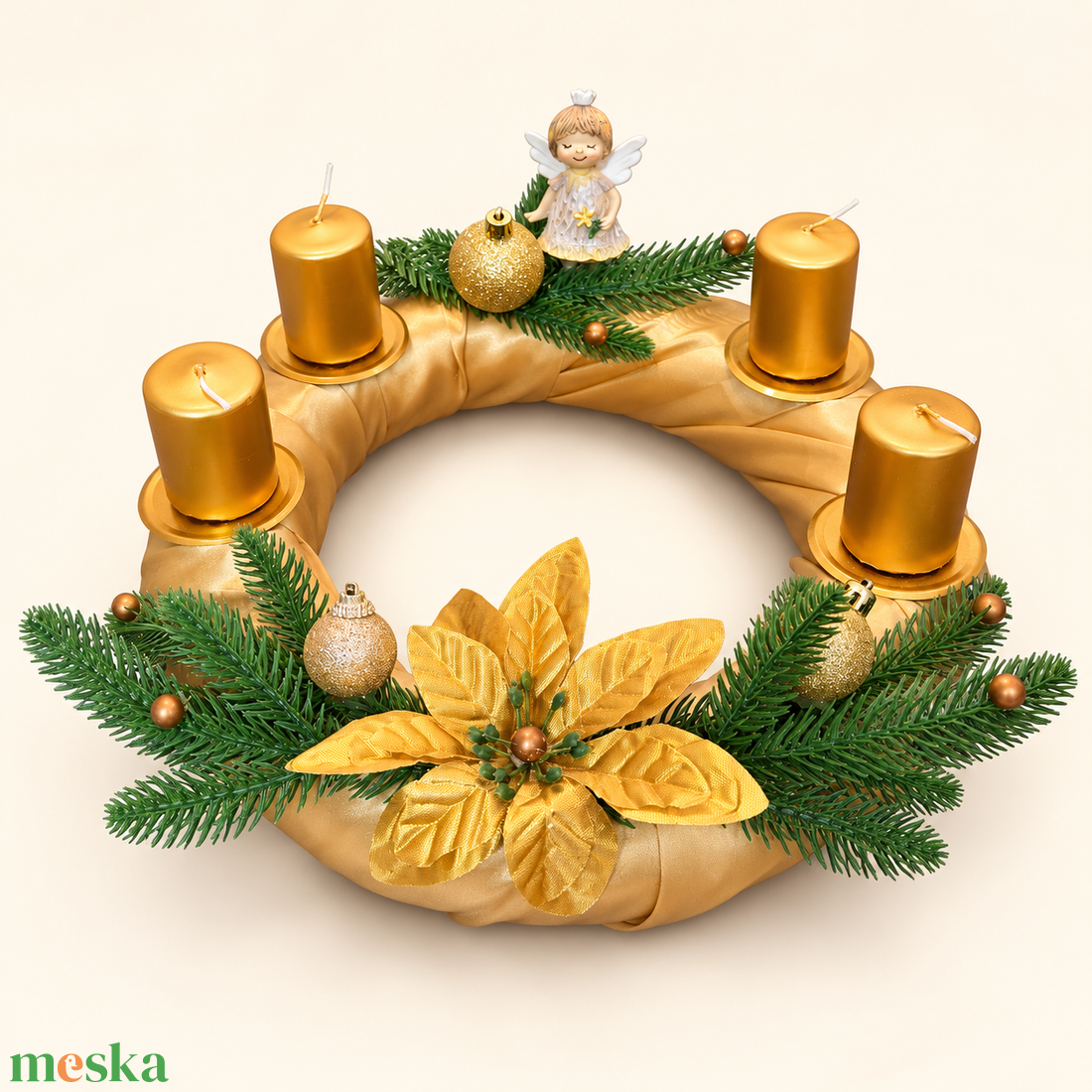 Arany angyal � adventi koszorú négy aranyszínű gyertyával - karácsony - adventi díszek - adventi koszorú - Meska.hu