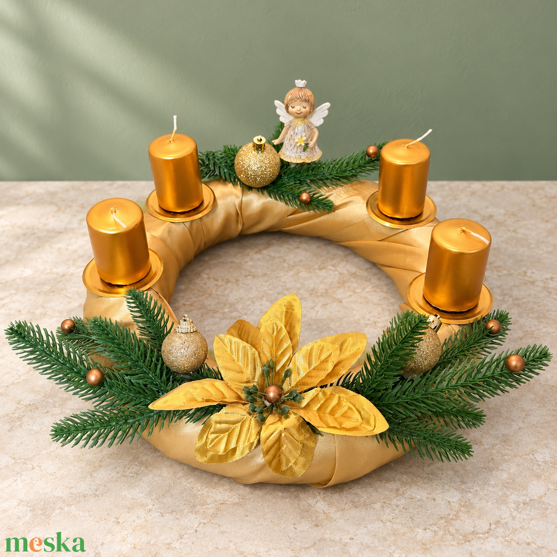 Arany angyal � adventi koszorú négy aranyszínű gyertyával - karácsony - adventi díszek - adventi koszorú - Meska.hu