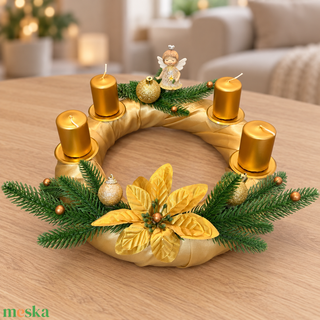 Arany angyal � adventi koszorú négy aranyszínű gyertyával - karácsony - adventi díszek - adventi koszorú - Meska.hu