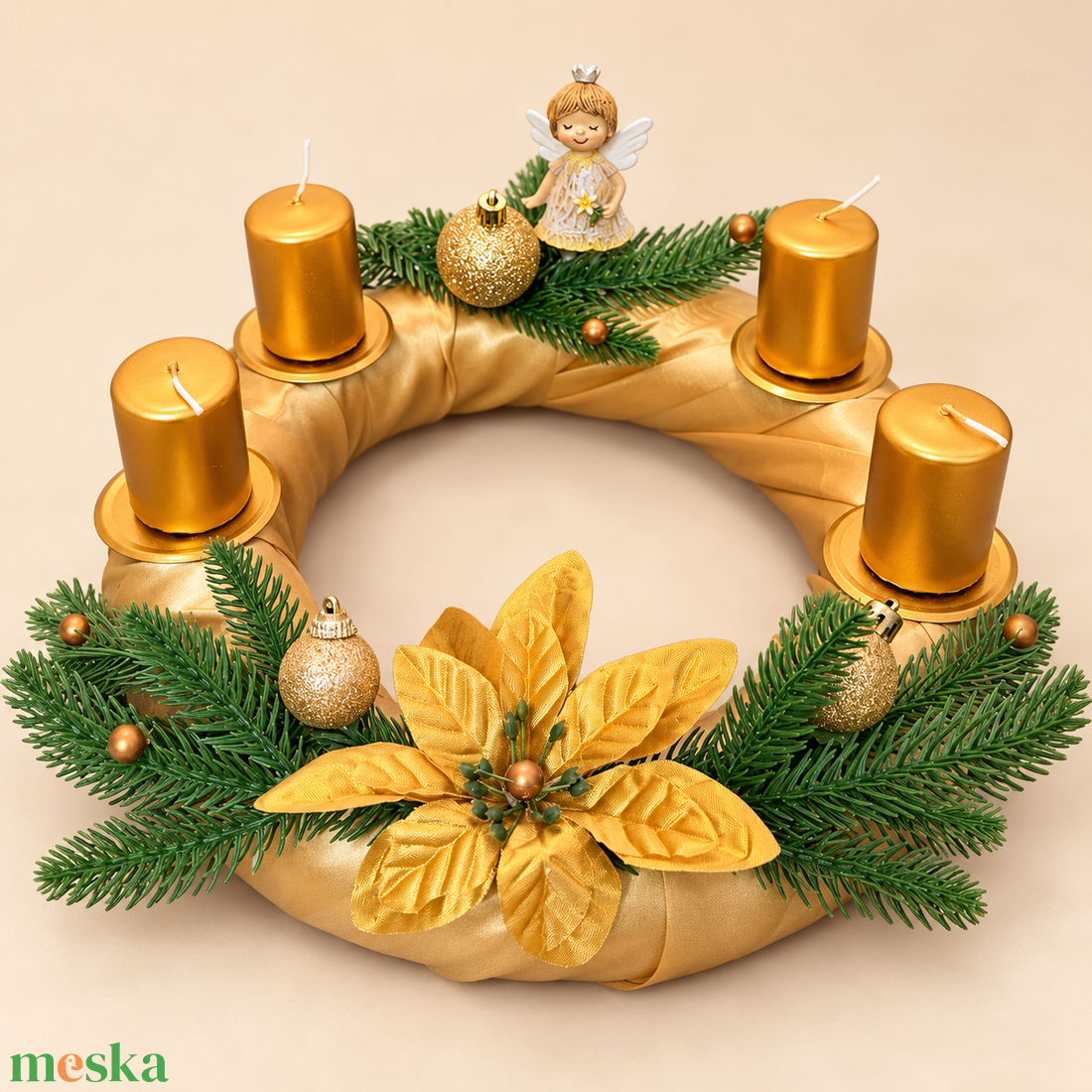Arany angyal � adventi koszorú négy aranyszínű gyertyával - karácsony - adventi díszek - adventi koszorú - Meska.hu