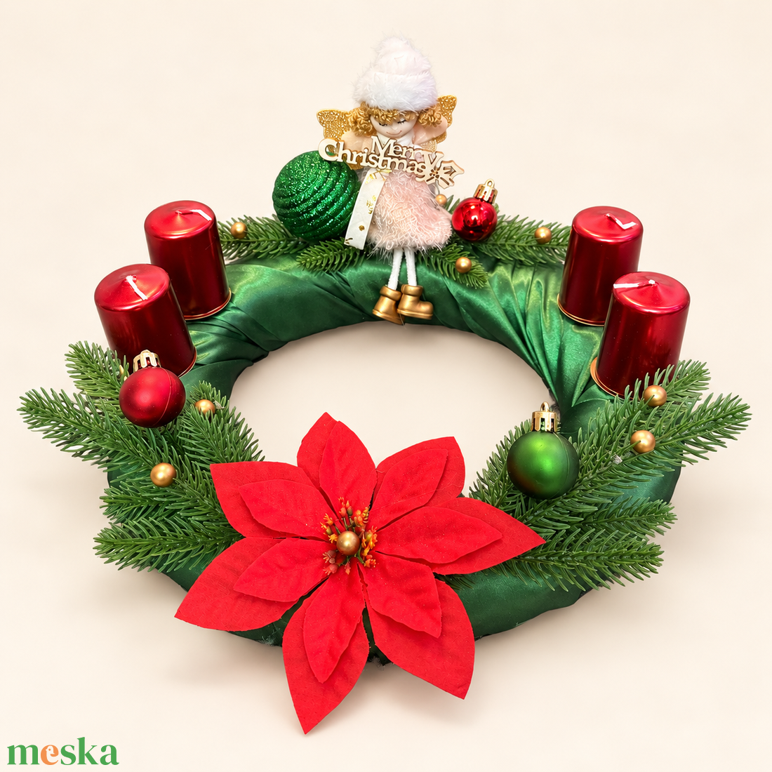 Angyali karácsony � zöld adventi koszorú piros gyertyákkal - karácsony - adventi díszek - adventi koszorú - Meska.hu