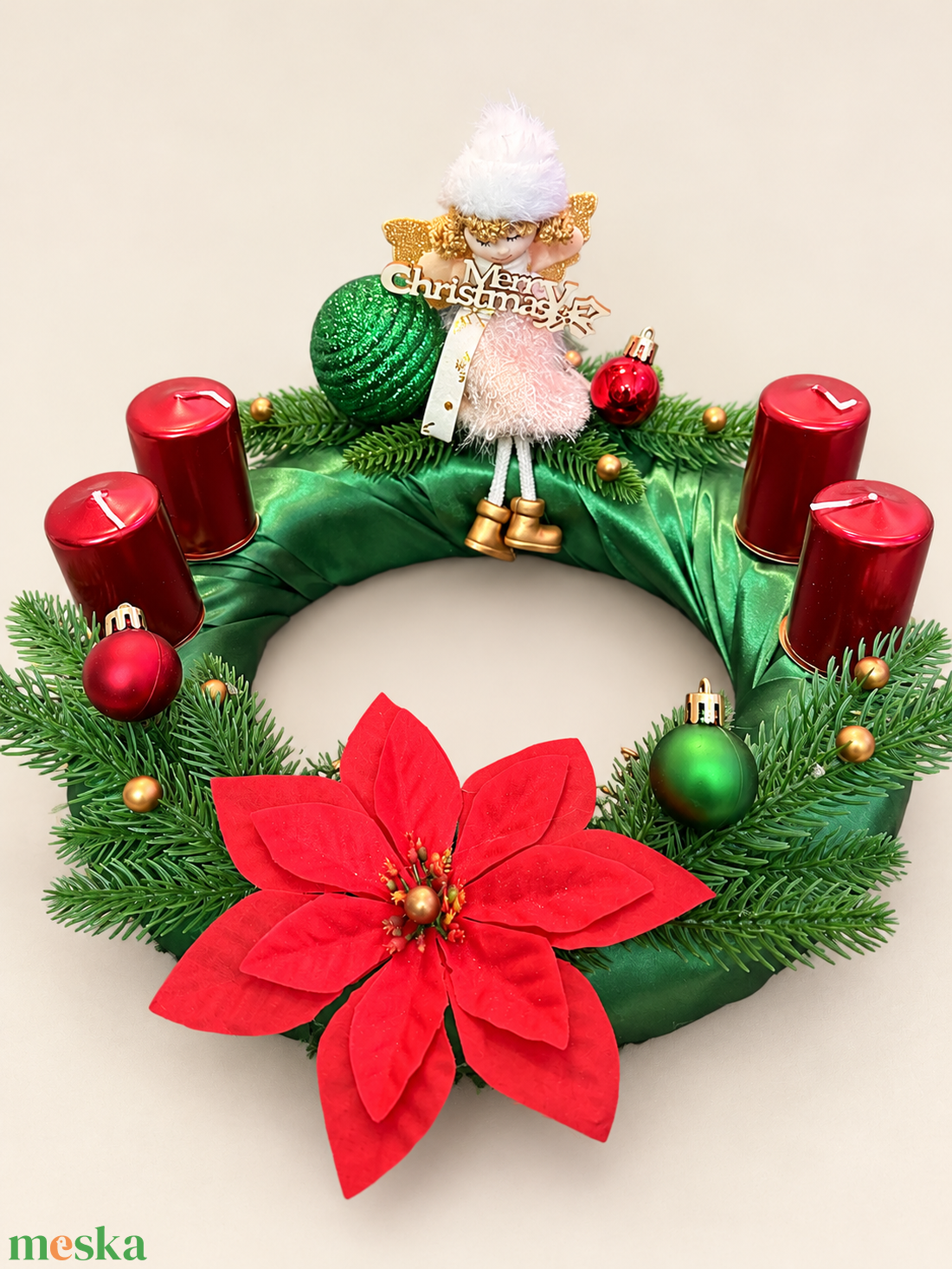 Angyali karácsony � zöld adventi koszorú piros gyertyákkal - karácsony - adventi díszek - adventi koszorú - Meska.hu
