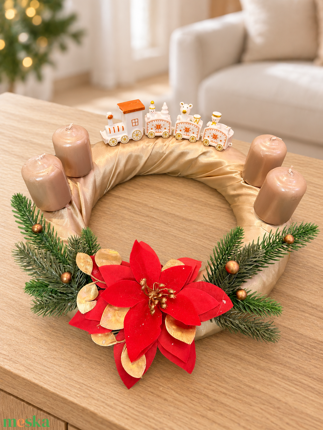 Karácsonyi kisvonat � pezsgőszínű adventi koszorú - karácsony - adventi díszek - adventi koszorú - Meska.hu