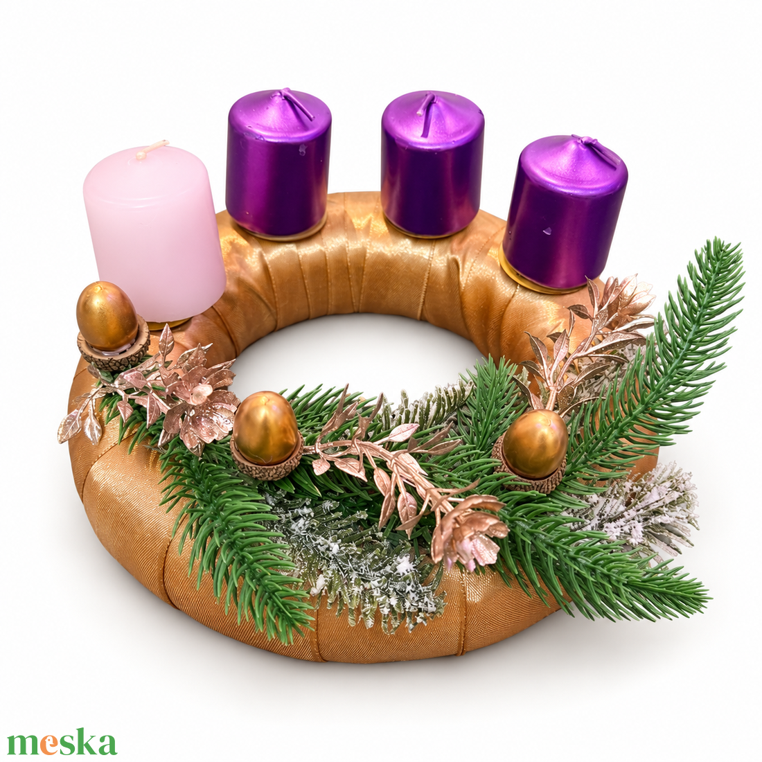 Adventi aranykoszorú � lila és rózsaszín gyertyákkal - karácsony - adventi díszek - adventi koszorú - Meska.hu
