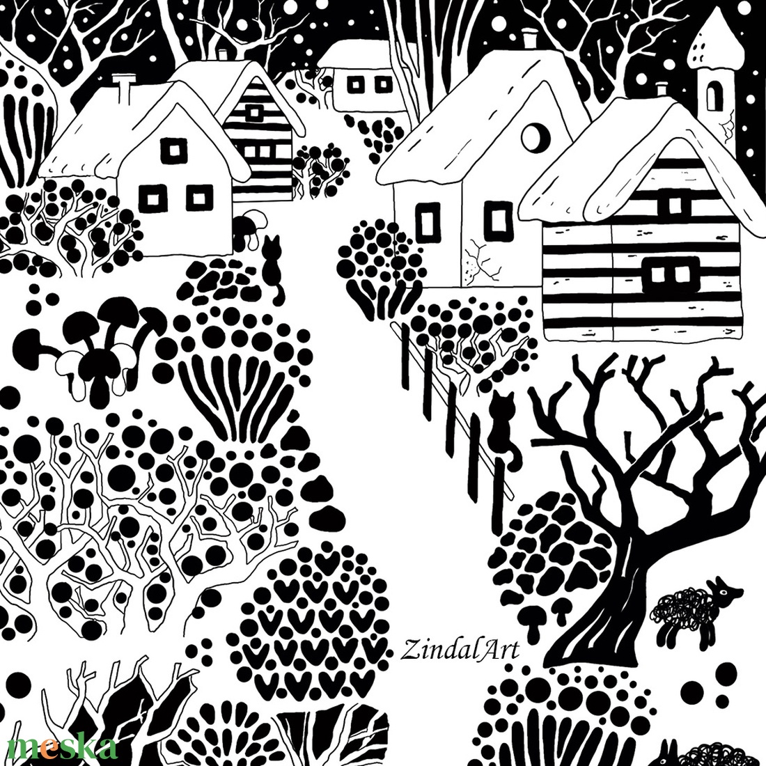  Téli éjszakák meséje � egyedi, fekete-fehér téli táj illusztráció / Art Print - művészet - grafika & illusztráció - digitális - Meska.hu