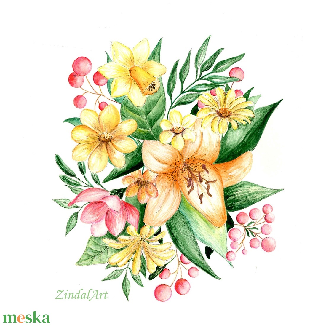 Tavaszi virágcsokor akvarell falikép - művészet - grafika & illusztráció - művészi nyomat - Meska.hu