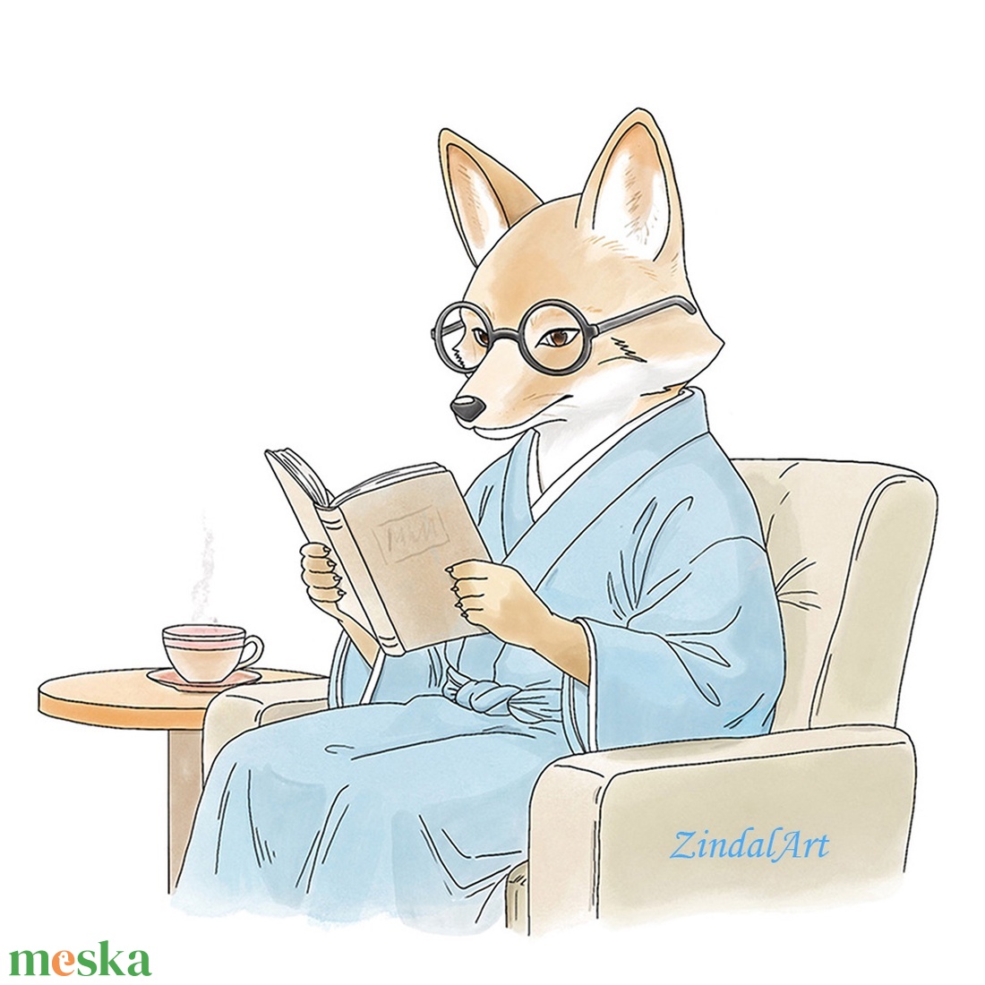 Olvasó róka � Akvarell hatású gyerekszoba falikép - művészet - grafika & illusztráció - művészi nyomat - Meska.hu