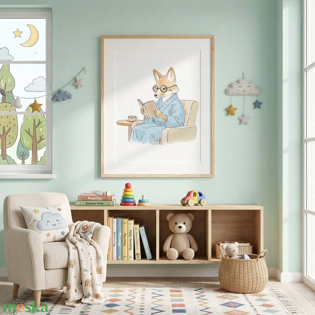Olvasó róka � Akvarell hatású gyerekszoba falikép - művészet - grafika & illusztráció - művészi nyomat - Meska.hu