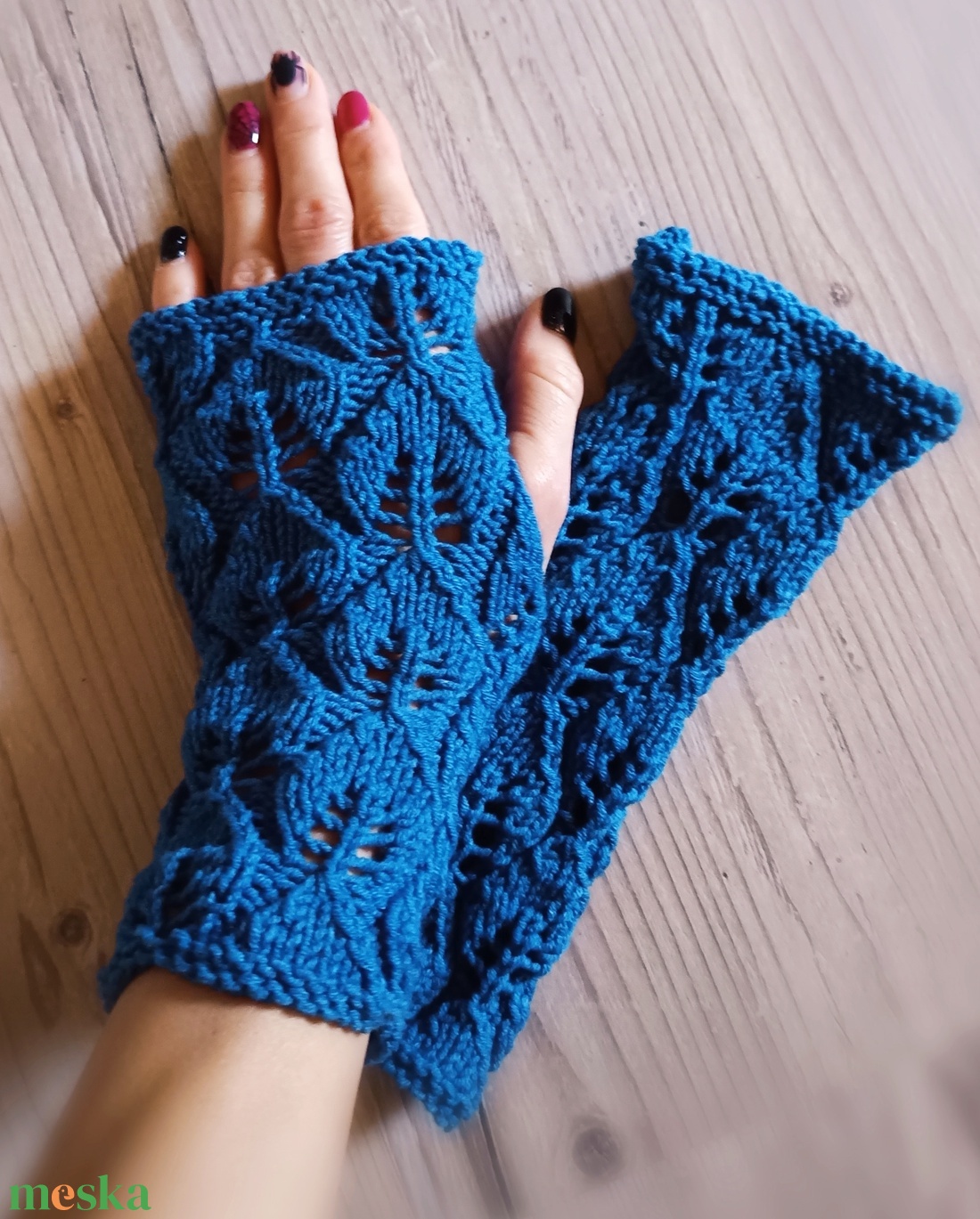 Kék levél kötött kézmelegítő - ruha & divat - sál, sapka, kendő - kesztyű - Meska.hu