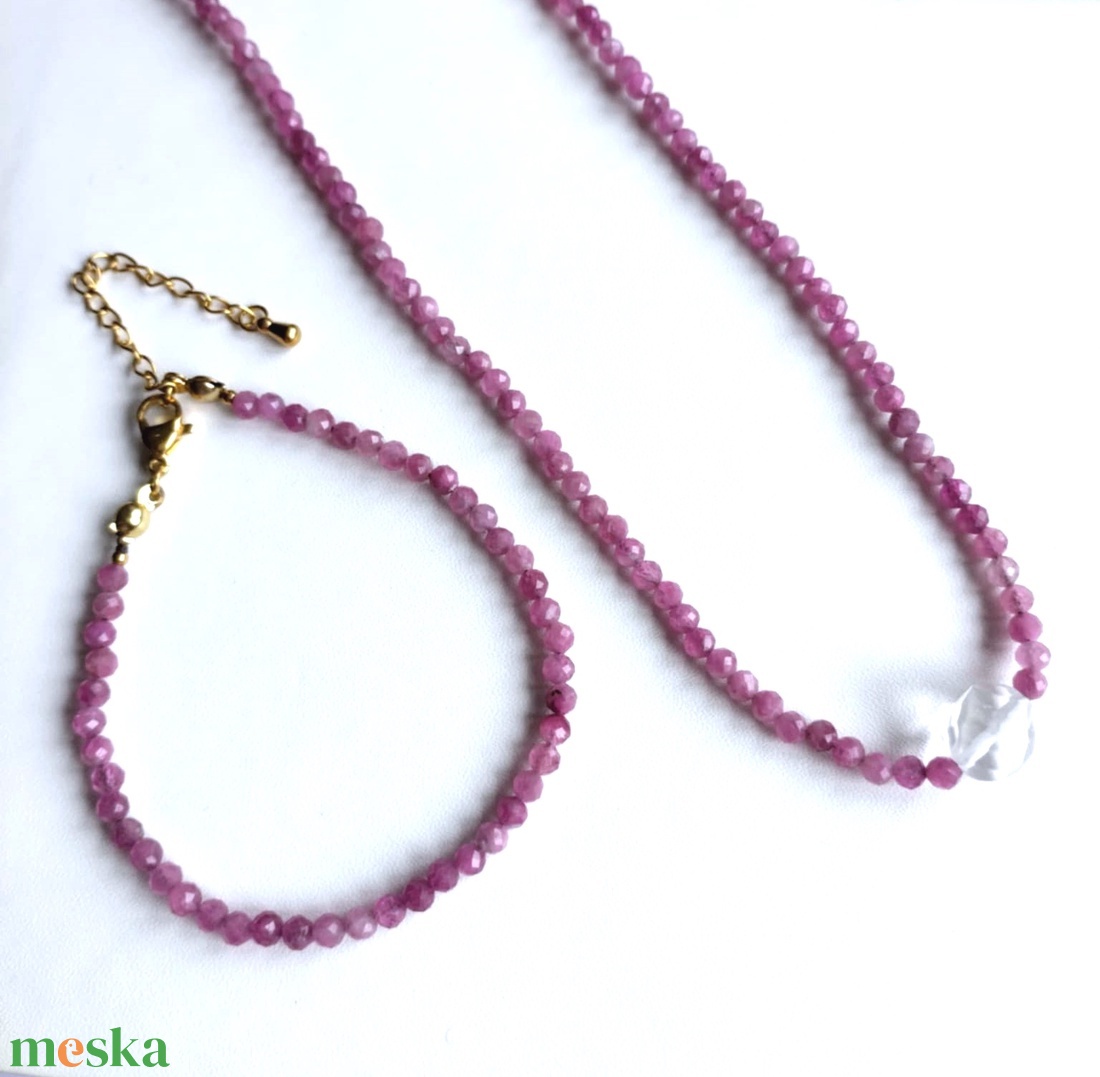 Rózsaszín turmalin ásványkarkötő és nyaklánc szett - ékszer - karkötő - ásványkarkötő - Meska.hu