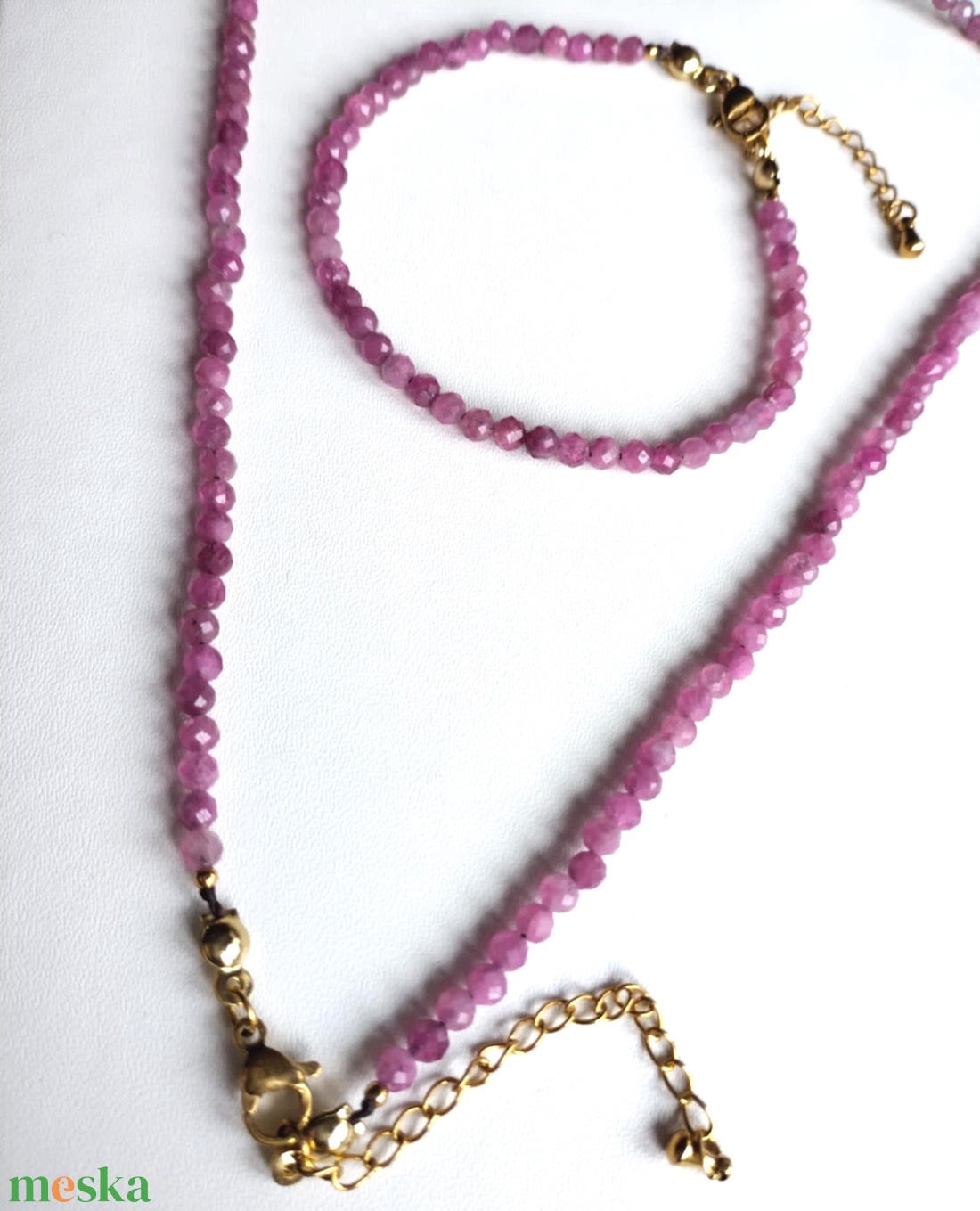 Rózsaszín turmalin ásványkarkötő és nyaklánc szett - ékszer - karkötő - ásványkarkötő - Meska.hu
