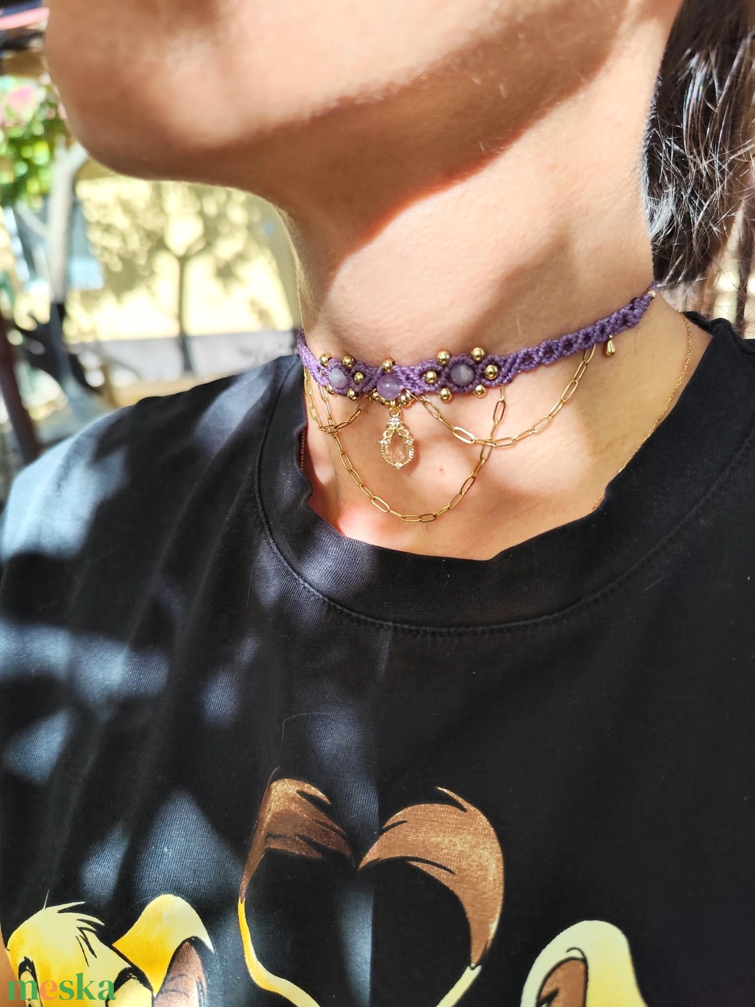 Ametiszt makramé nyaklánc, choker - esküvő - ékszer - nyaklánc - Meska.hu