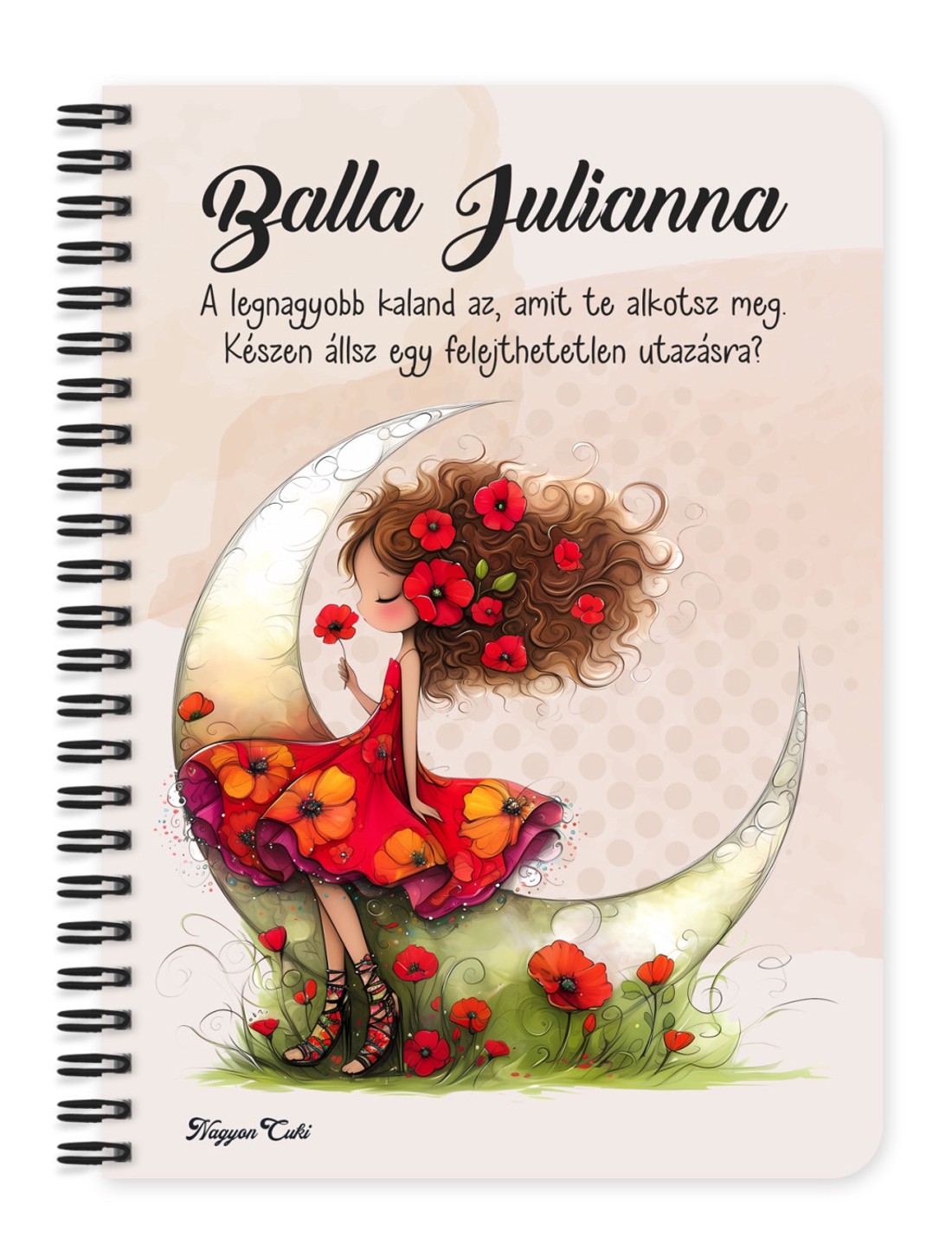 Személyre szabható - Aranyos pipacs tündérlány és a hold mintás A6-os füzet - otthon & életmód - papír, írószer - jegyzetfüzet & napló - Meska.hu