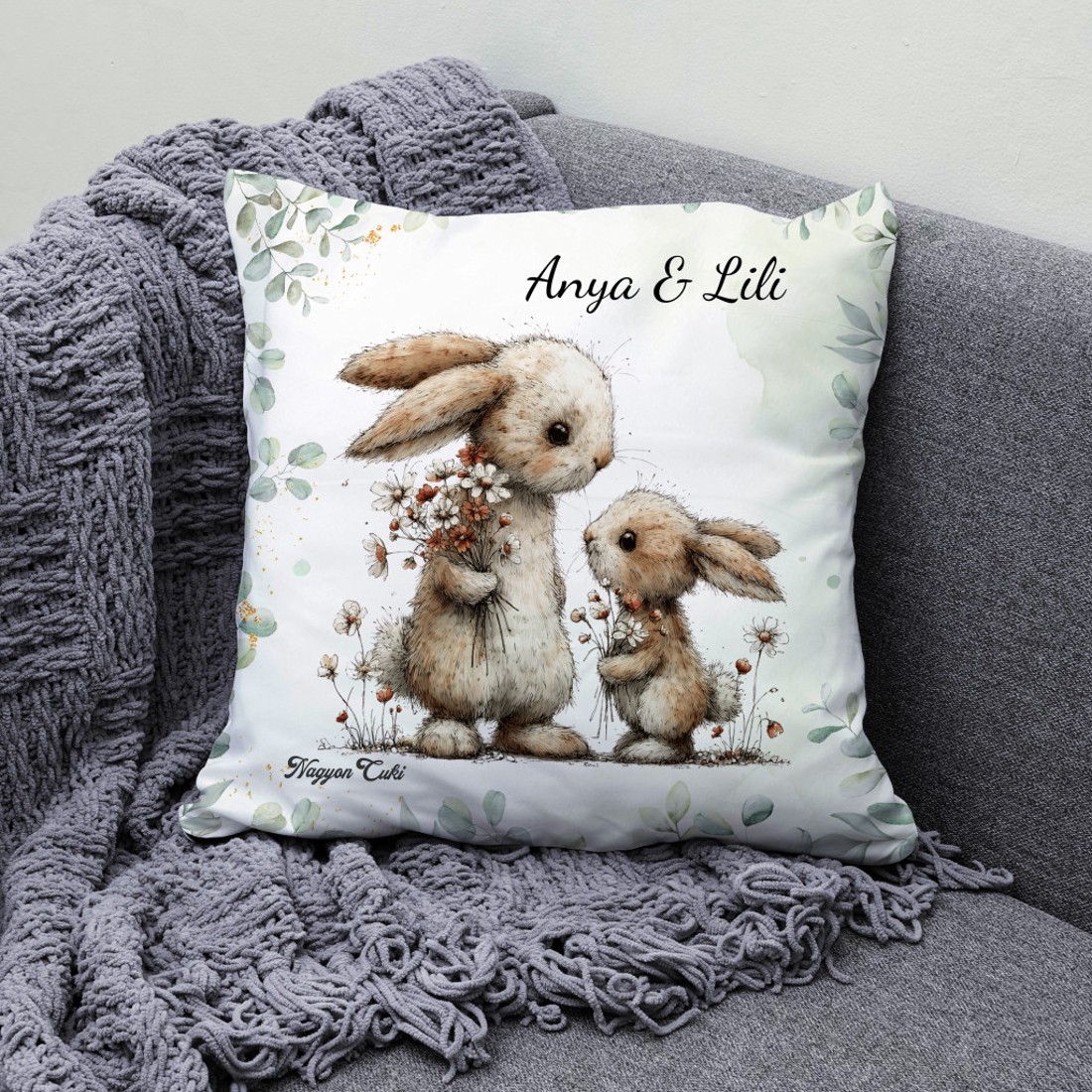 Névvel kérhető - Anya és a kicsi nyuszikája mintás párna - otthon & életmód - lakástextil - párna & párnahuzat - díszpárna (belsővel együtt) - Meska.hu