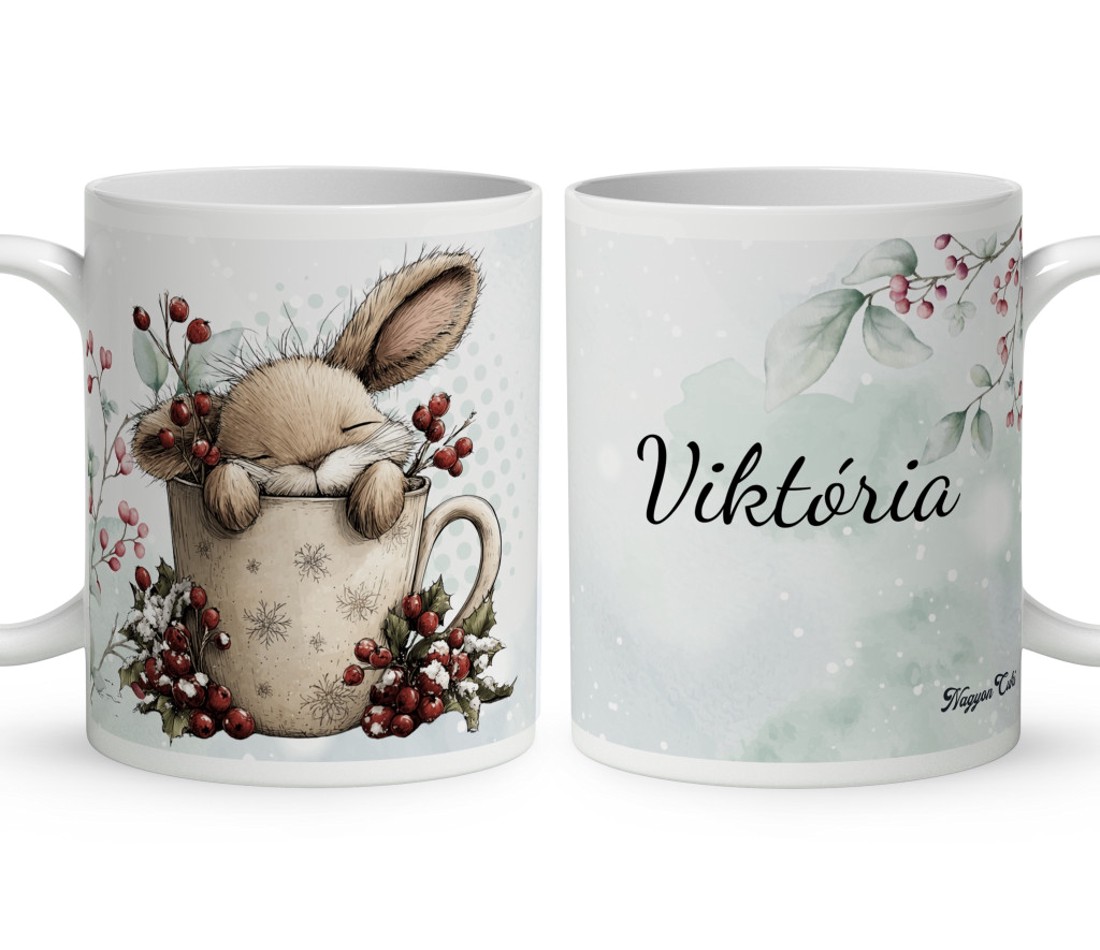 Névvel kérhető - Cuki téli nyuszi bögrében mintás bögre - otthon & életmód - konyhafelszerelés, tálalás - tálalás - bögre & csésze - Meska.hu