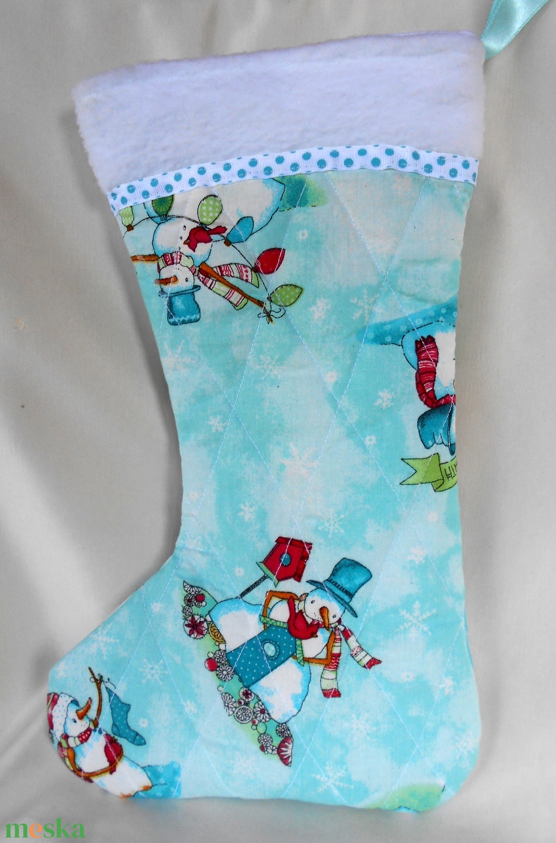 Mikulás csizma hóemberes (türkiz-fehér) - karácsony - mikulás - mikulás zsák - Meska.hu