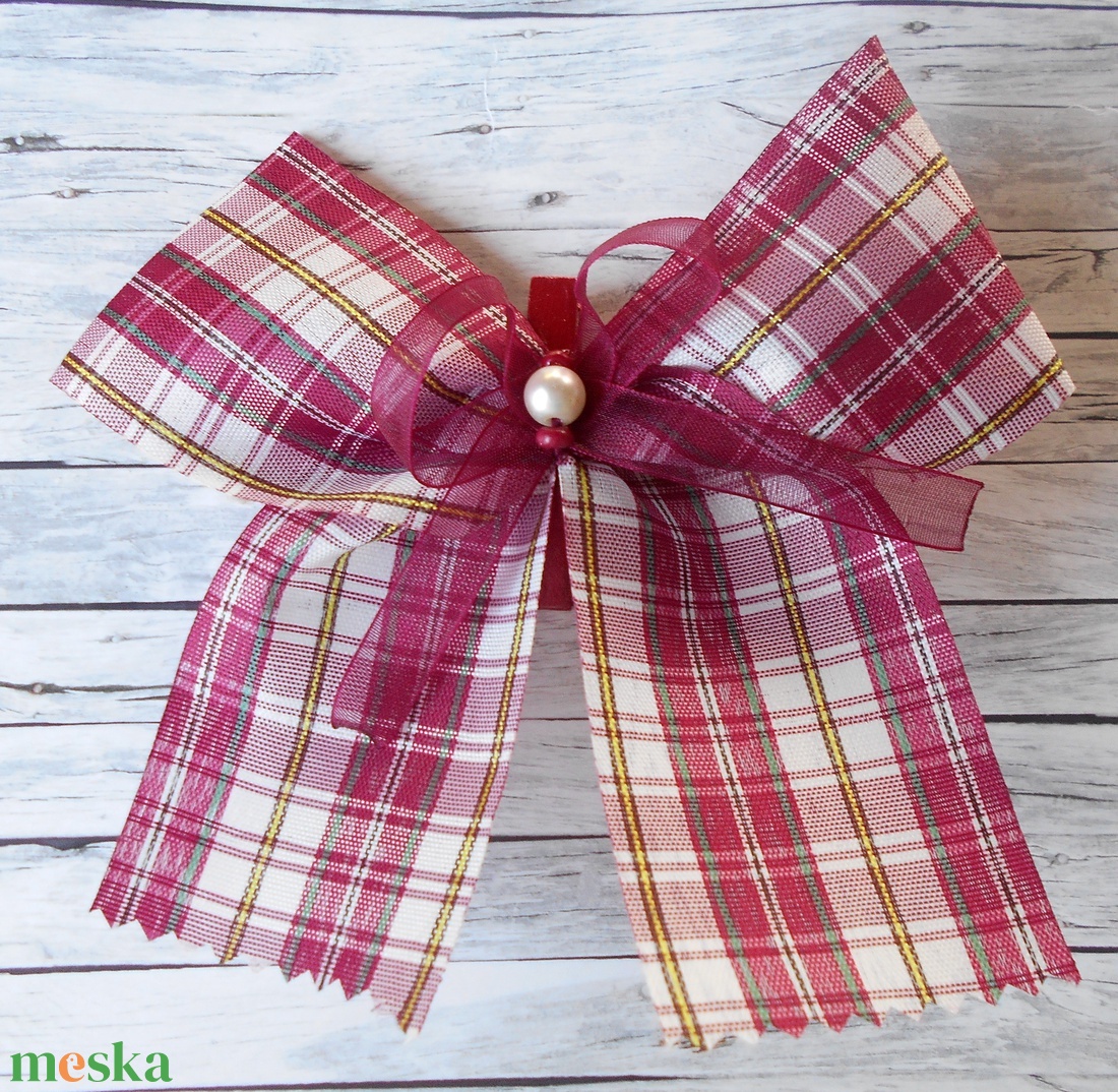 Country stílusú kockás csipeszes masni, karácsonyfára (bordó-fehér) 14 db - karácsony - karácsonyi lakásdekoráció - karácsonyfadíszek - Meska.hu