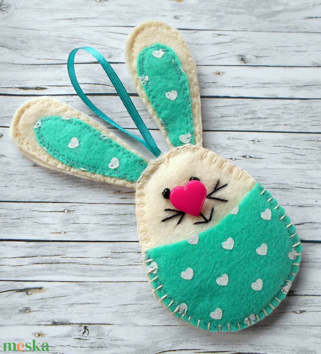 Zsebes nyuszi barkácsfilcből (türkizzöld) - otthon & életmód - dekoráció - fali és függő dekoráció - függődísz - Meska.hu