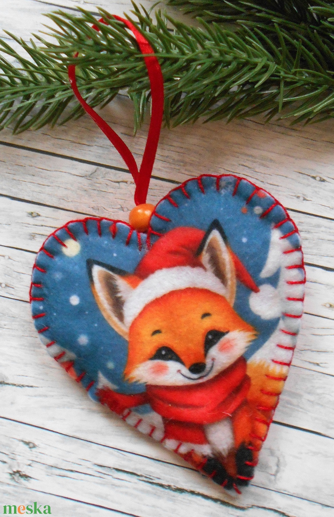 Cuki, mosolygós róka mintás szív alakú karácsonyfadísz III. - karácsony - karácsonyi lakásdekoráció - karácsonyfadíszek - Meska.hu