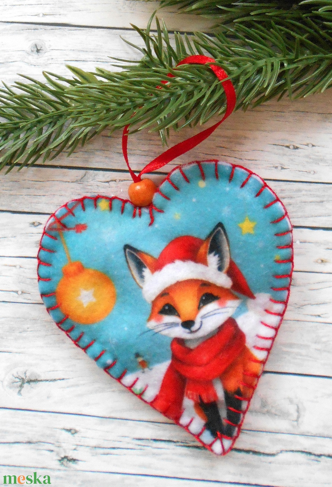 Cuki, mosolygós róka mintás szív alakú karácsonyfadísz VI. - karácsony - karácsonyi lakásdekoráció - karácsonyfadíszek - Meska.hu