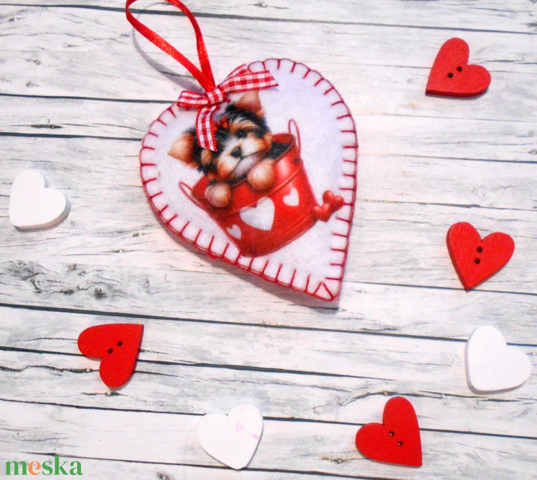 Yorki: valentin napi, kölyökkutyás szív dísz - otthon & életmód - dekoráció - fali és függő dekoráció - függődísz - Meska.hu