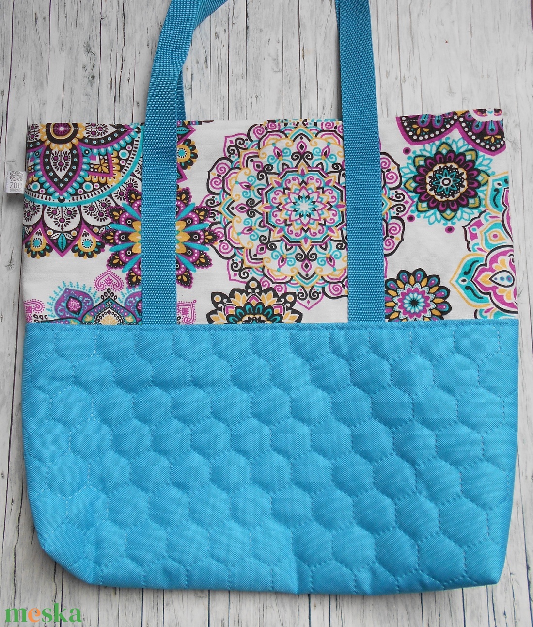 Nagyméretű türkizkék, natúr alapon türkizkék-pink-lila-fekete mandala mintás válltáska - táska & tok - kézitáska & válltáska - nagy pakolós táska - Meska.hu