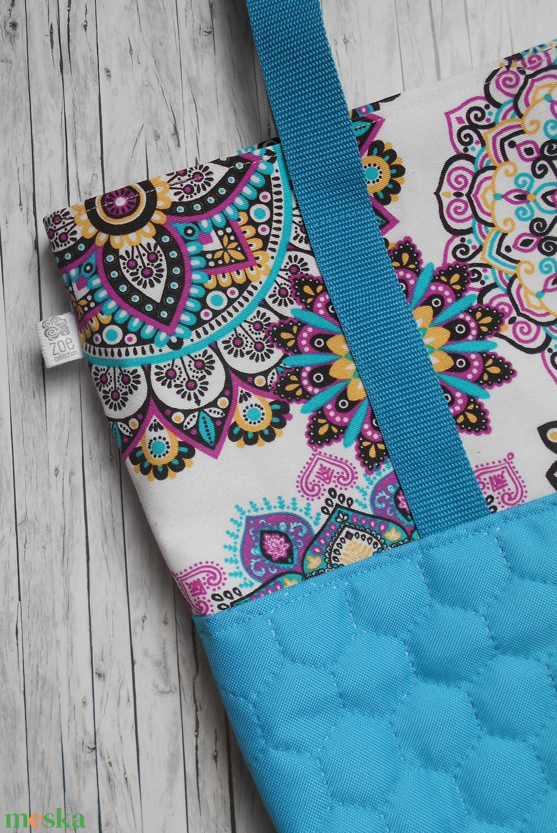 Nagyméretű türkizkék, natúr alapon türkizkék-pink-lila-fekete mandala mintás válltáska - táska & tok - kézitáska & válltáska - nagy pakolós táska - Meska.hu