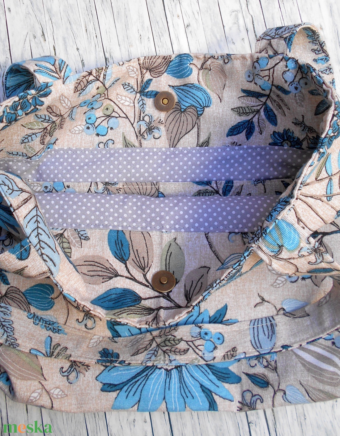 Beige alapon türkizkék virág-levél mintás válltáska - táska & tok - kézitáska & válltáska - válltáska - Meska.hu