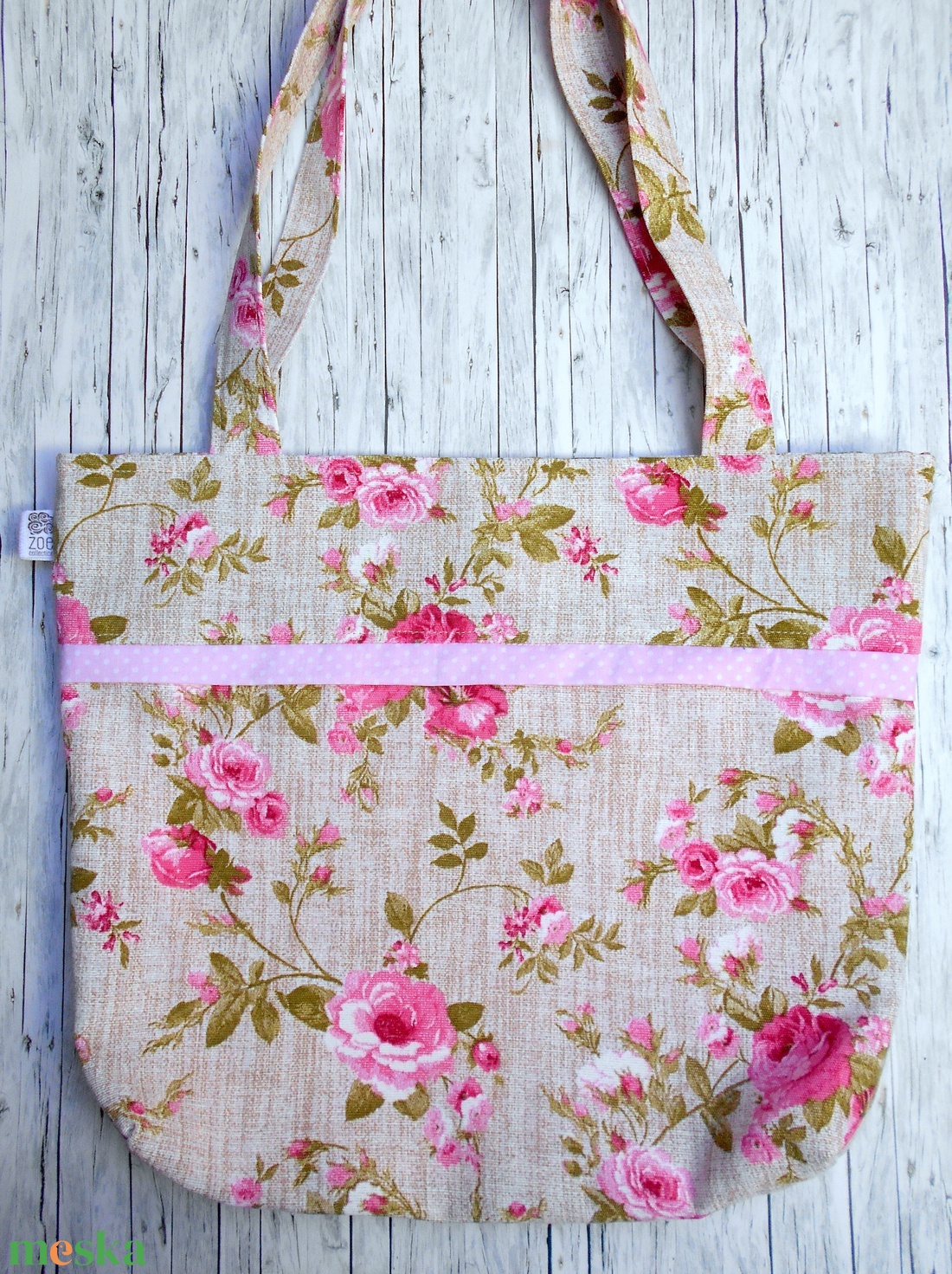 Beige alapon rózsaszín rózsa mintás válltáska - táska & tok - kézitáska & válltáska - válltáska - Meska.hu