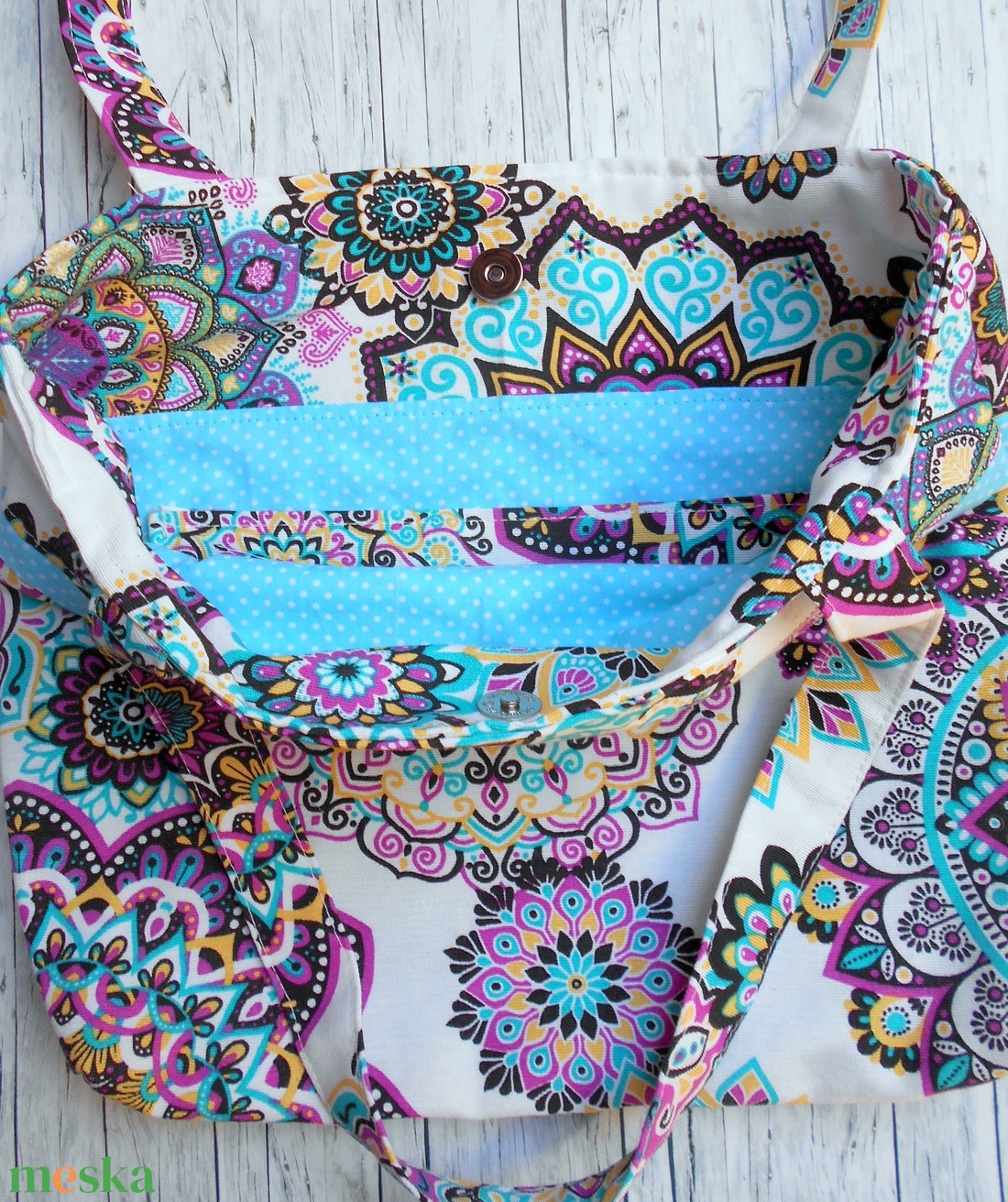 Fehér alapon pink-fekete-sárga-türkizkék mandala mintás válltáska - táska & tok - kézitáska & válltáska - válltáska - Meska.hu