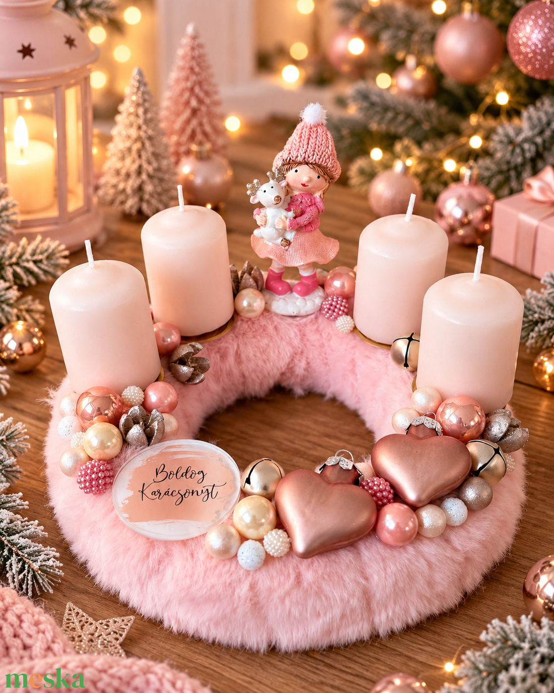 Rózsaszín adventi koszorú - karácsony - adventi díszek - adventi koszorú - Meska.hu